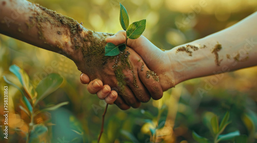 Two people holding hands with a plant growing out of them. Suitable for environmental or growth concept
