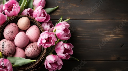 Bright and colorful easter holiday tulips background with copy space for spring season celebrations