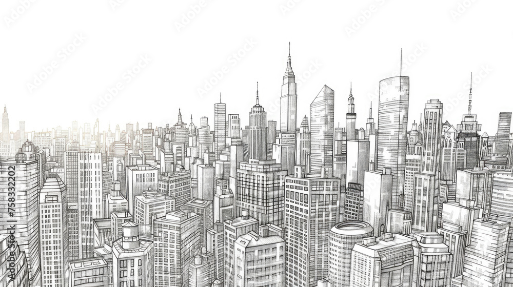 Detailed black and white drawing of a city skyline. Perfect for architectural projects