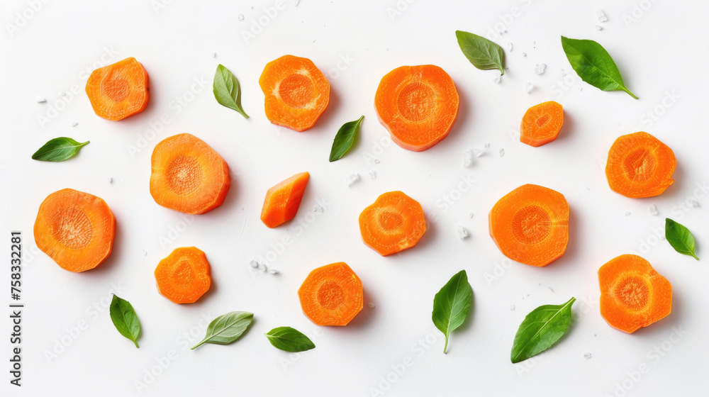 Freshly sliced carrots with leaves on a clean white surface. Suitable for food and nutrition concepts Freshly sliced carrots with leaves on a clean white surface. Suitable for food and nutrition concepts