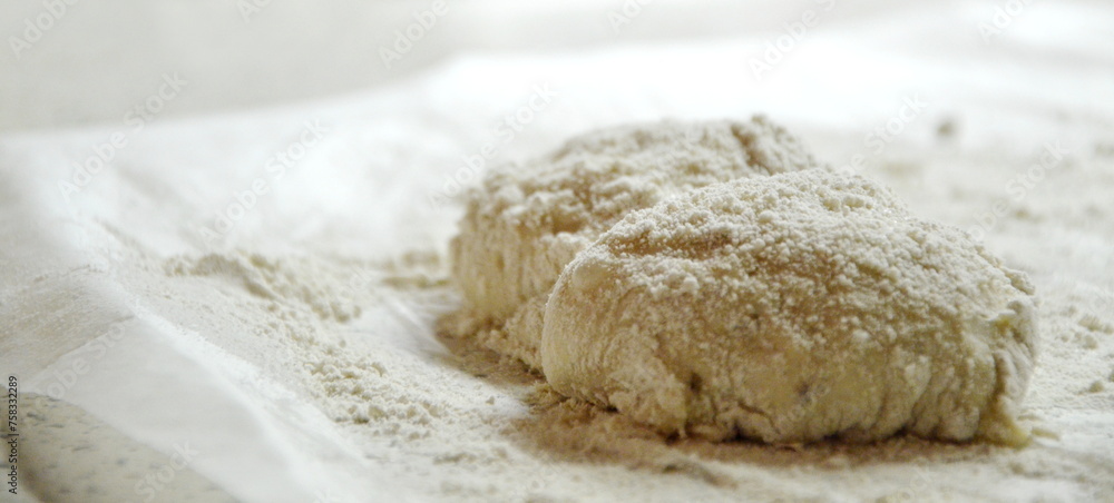Raw dough of a traditional South Tyrolean bread, Val Venosta Paarl, prepared in a bakery Raw dough of a traditional South Tyrolean bread, Val Venosta Paarl, prepared in a bakery