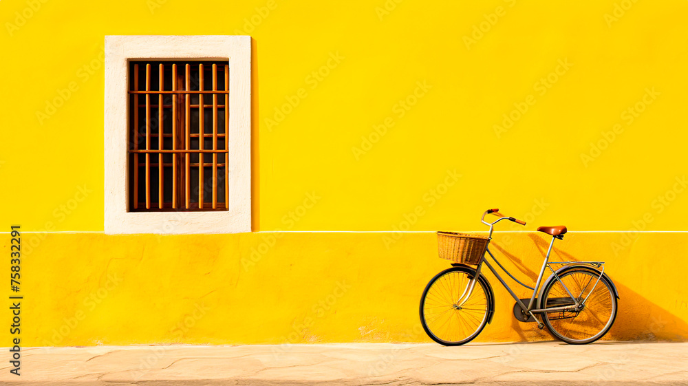 Classic bicycle with aged charm stands by window on bold yellow wall.