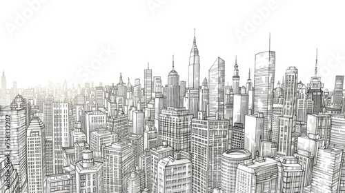 Detailed black and white drawing of a city skyline. Perfect for architectural projects