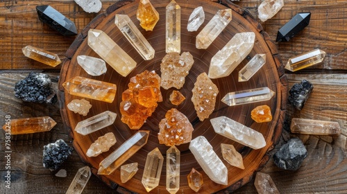 Detailed view of a Reiki crystal grid setup on a wooden table, designed to attract abundance and protect against negative energy during a healing session