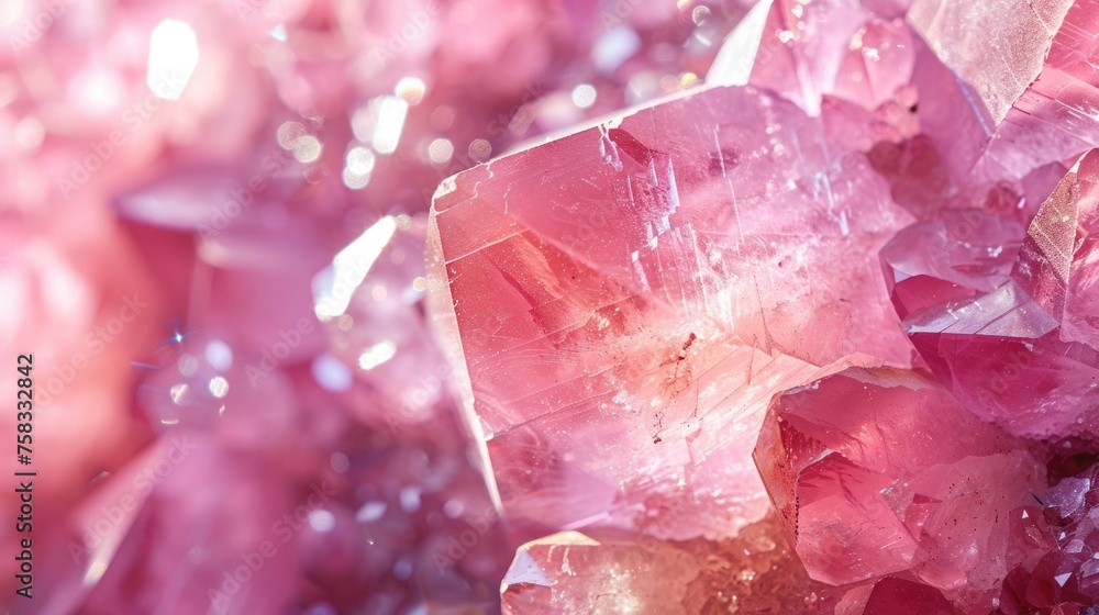 Extreme close-up of a rose quartz crystal's surface, with soft pink hues and natural textures, representing love and heart chakra healing in a Reiki practice - obrazy, fototapety, plakaty 
