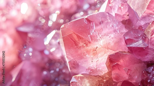 Extreme close-up of a rose quartz crystal's surface, with soft pink hues and natural textures, representing love and heart chakra healing in a Reiki practice photo