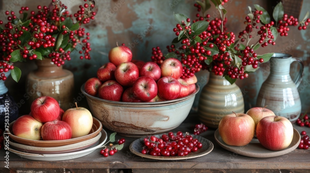 a table topped with a bowl of apples and a bowl of berries next to a vase filled with red berries. a table topped with a bowl of apples and a bowl of berries next to a vase filled with red berries.