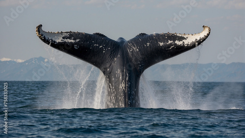 A whale's tail fin is above the water. photo