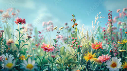 Beautiful field of flowers with a clear blue sky in the background. Perfect for nature and outdoor themed projects