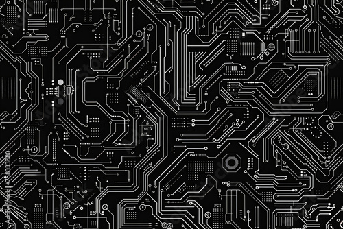 A black and white circuit board pattern. Suitable for technology and electronics concepts