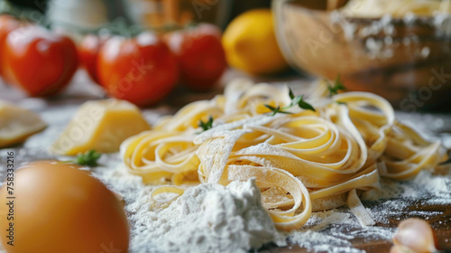 Fresh pasta with vibrant tomatoes and zesty lemons, perfect for food blogs or restaurant menus