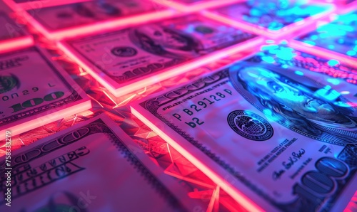 Dollar bills in neon lights  background photo