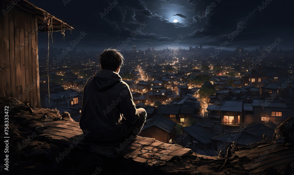 A young man sits on the roof of a house at night.