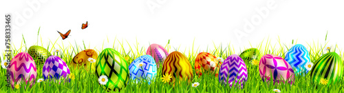 Easter egg banner, Easter border, painted eggs on grass