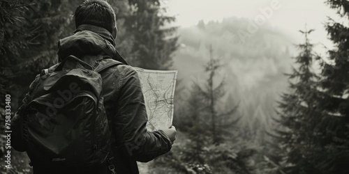 A man outdoors examining a map, useful for travel concepts