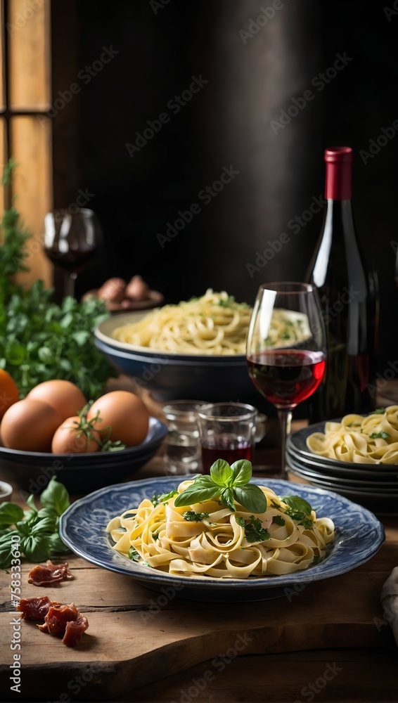 Homemade Italian spaghetti pasta with sauce, tomatoes, basil and parmesan. Traditional Italian cuisine.
