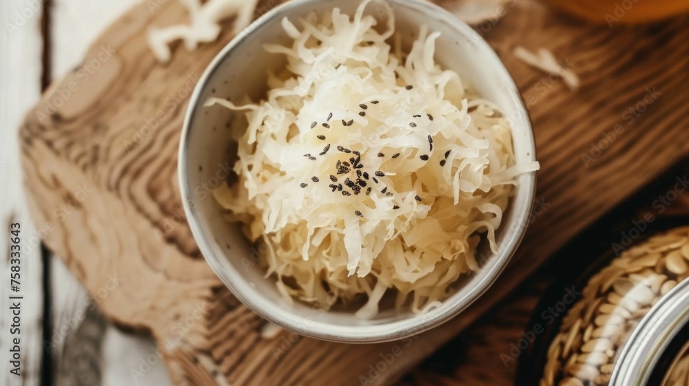 health and wellness themed image highlighting a bowl of sauerkraut paired with kombucha, focusing on gut health benefits health and wellness themed image highlighting a bowl of sauerkraut paired with kombucha, focusing on gut health benefits