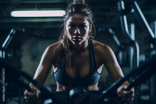 Young woman in sports bra and shorts on stationary bike in gym
