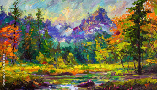 An acrylic painting depicting a mountainous landscape featuring a sprawling lake, executed with dynamic brushwork and splashes of vibrant paint. The majestic peaks rise in the background, while the se