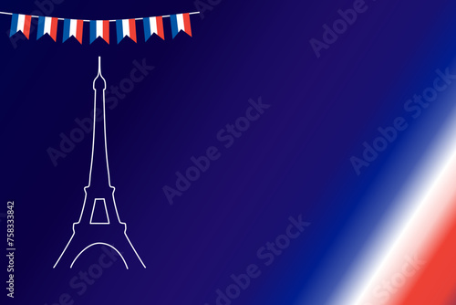 French flag bunting Eiffel background for Bastille Day. French: drapeau Français. Tricolour blue white red backdrop design vector illustration 