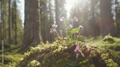 a small plant sprouts out of the mossy ground in the middle of a forest on a sunny day. photo