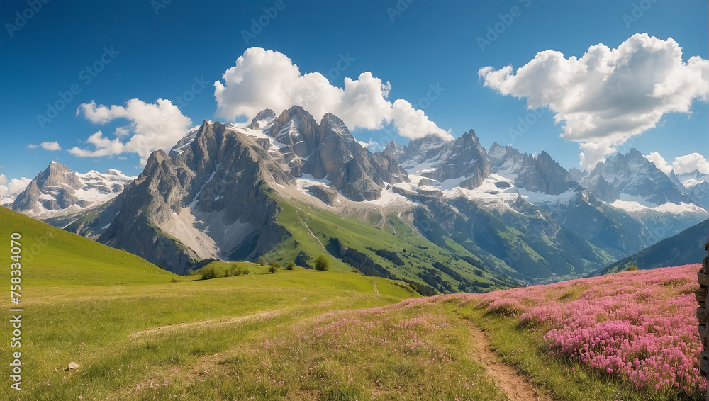 There is a field of pink flowers in front of snow-capped mountains.
