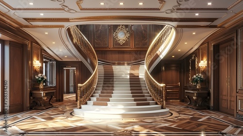 Classic design of a private home with a grand staircase in the center and gilded forged rails. 3d rendering of the interior background