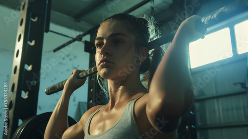 Parcours de fitness déterminé : Jeune femme caucasienne repoussant ses limites avec des squats à la barre dans une salle de CrossFit. photo