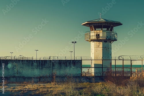 A solitary guard tower overlooking the prison complex photo