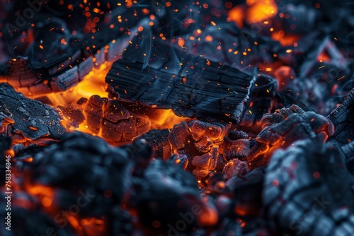 Glowing embers and floating ashes after fire, close up, wallpaper background