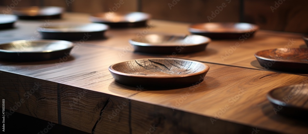 A series of hardwood bowls displayed on a wooden table for still life photography. The natural wood grain is enhanced by a rich wood stain A series of hardwood bowls displayed on a wooden table for still life photography. The natural wood grain is enhanced by a rich wood stain