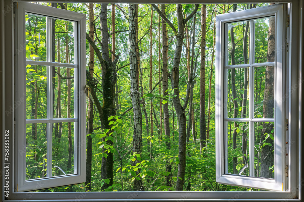 A tranquil forest scene visible through an open window. Suitable for nature and relaxation concepts