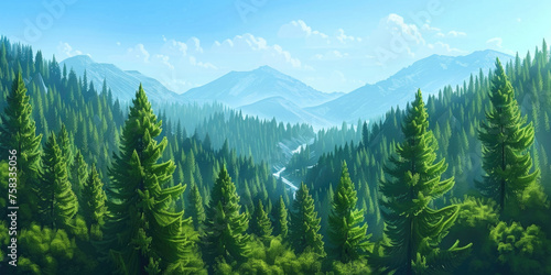 A serene painting of a mountain scene with tall pine trees. Ideal for nature and landscape themed projects