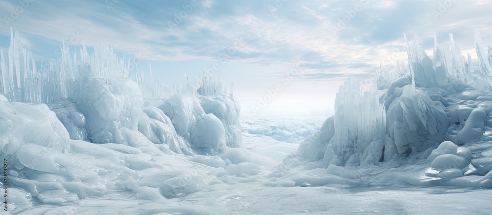 A frozen natural landscape with ice formations in the sky, swirling cumulus clouds over a polar ice cap, snowcovered terrain, and freezing winds A frozen natural landscape with ice formations in the sky, swirling cumulus clouds over a polar ice cap, snowcovered terrain, and freezing winds
