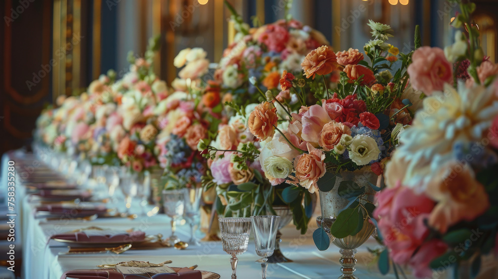 A long table with a bunch of flowers, perfect for home decor or event planning