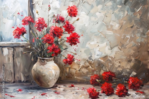 Romantic oil painting with red carnations