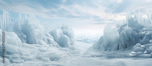 A frozen natural landscape with ice formations in the sky, swirling cumulus clouds over a polar ice cap, snowcovered terrain, and freezing winds