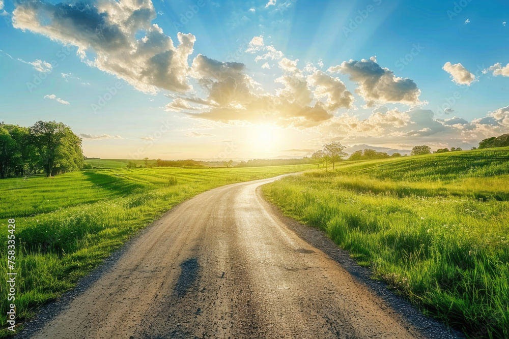 A scenic view of a dirt road in a lush green field. Ideal for nature and countryside concepts A scenic view of a dirt road in a lush green field. Ideal for nature and countryside concepts