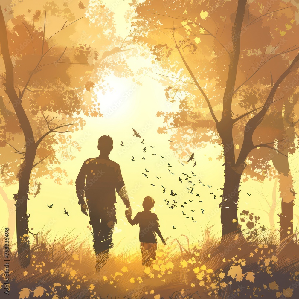 silhouettes of father and child looking into the distance. Father's day flat illustration silhouettes of father and child looking into the distance. Father's day flat illustration