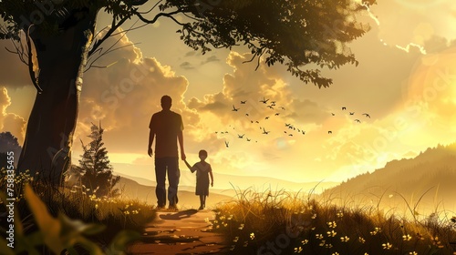 silhouettes of father and child looking into the distance. Father's day flat illustration