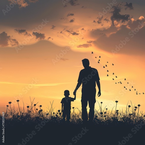 silhouettes of father and child looking into the distance. Father's day flat illustration © Daniil