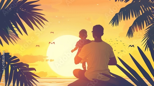 silhouettes of father and child looking into the distance. Father s day flat illustration
