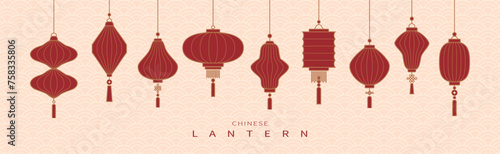 Vector set of Chinese lanterns in line art style, decorations for the Lunar new year, lantern festival or mid autumn festival.
