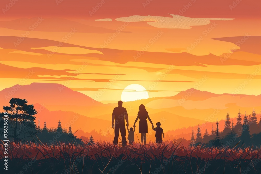 Parents hold the Child's hands and look at the Sunset. Flat illustration with Copy Space