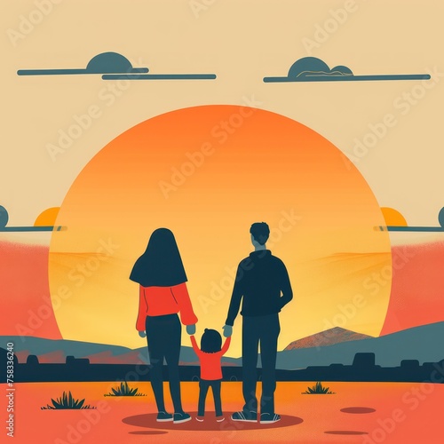 Parents hold the Child s hands and look at the Sunset. Flat illustration with Copy Space