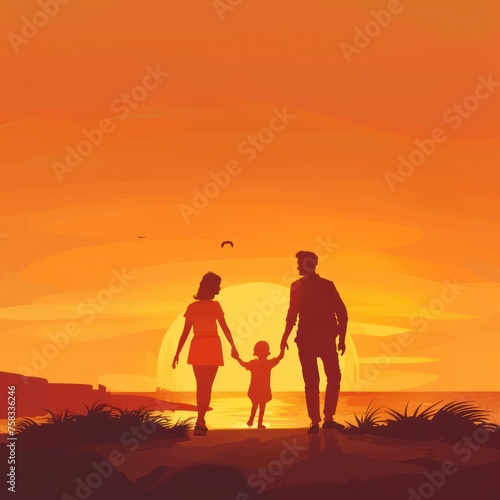 Parents hold the Child's hands and look at the Sunset. Flat illustration with Copy Space © Daniil