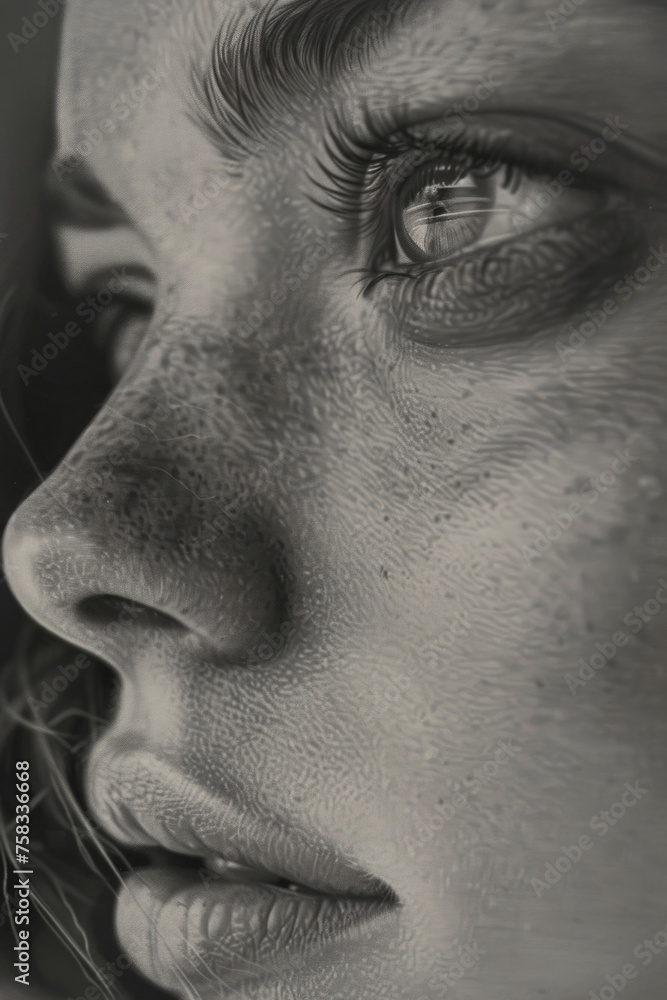 Naklejka premium Close-up of a woman's face in black and white, suitable for various projects