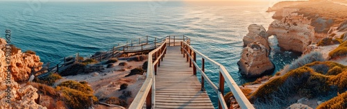 A wooden boardwalk leading to the edge of an ocean cliff, overlooking calm waters The perspective is from above looking down at sea level Generative AI