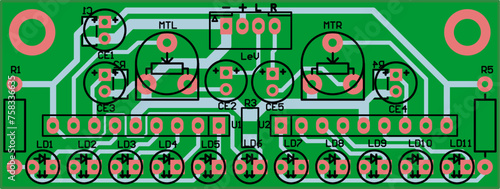 Vector printed circuit board of an electronic 
device with components of radio elements, 
conductors, contact pads placed on it. 
Engineering technical drawing. Pcb pattern. Electric background.