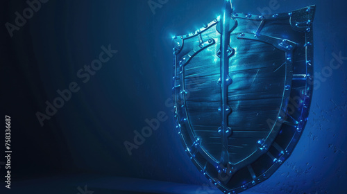 A glowing shield with a sword on top, perfect for fantasy projects photo